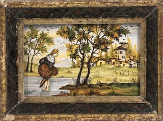 Italian Majolica Tile, c. 1930, rectangular shape polychrome enamel decorated with a figure in a landscape with village, signed "R. Tro