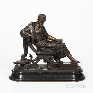 Classical Bronze Figure of a Roman Stateman, 19th century, modeled seated on an Egyptian revival chair and with an oil lamp to one side