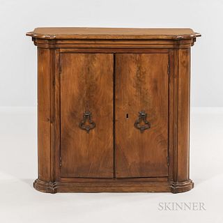 Italian Walnut Table/Hanging Cabinet, with two doors opening to a shelved interior, ht.. 28 1/2, wd. 31 1/2, dp. 10 3/4 in.