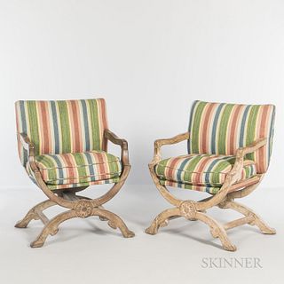 Pair of Italian Armchairs, late 19th/early 20th century, with an X-form frame, ht. 35, wd. 26 1/2, dp. 21 in.