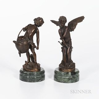 Two Bronze Figures After Moreau, France, 19th/20th century, one of a winged figure holding a bow, ht. 10 3/4; and one holding a leaking