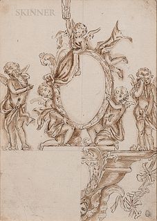 Continental School, 17th Century, Allegory of Time: Sketch of Putti, One Presenting an Hourglass, Two Holding up a Mirror, Two Weeping,