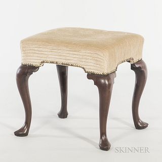 George III Mahogany Footstool, with an upholstered foot rest on cabriole legs terminating in a slipper foot, ht. 19, wd. 18, dp. 20 in.