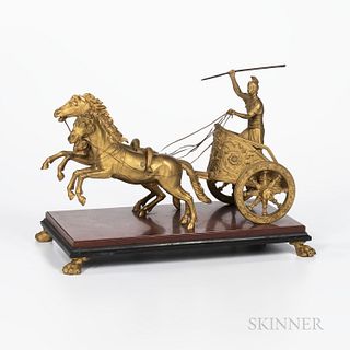 Gilt-bronze Gladiator and Chariot, 19th century, modeled with two horses charging and mounted atop a rectangular marble base set on fou