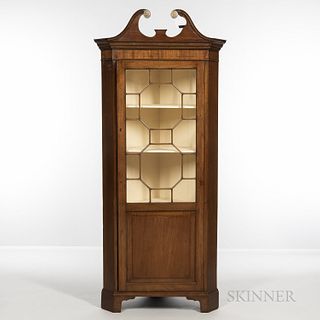 Georgian-style Mahogany Corner Cabinet, with a glass-enclosed upper cabinet, ht. 82, wd. 35 1/2, dp. 21 in.