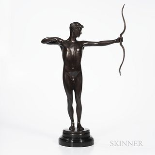 Bronze Model of a Male Archer, 19th/20th century, the standing nude figure posed to shoot and mounted atop a polished slate base, unsig