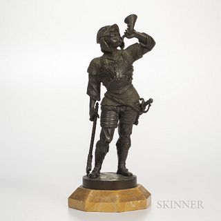 Bronze Model of a Soldier, 19th century, the standing figure in full battle armor and posed blowing a horn, dark brown patination, set