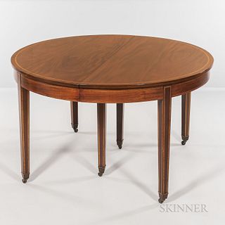 Mahogany Dining Table, early 20th century, with string inlay to edge and along legs, ht. 30 1/2, lg. 54, dp. 52 1/2, with four leaves w
