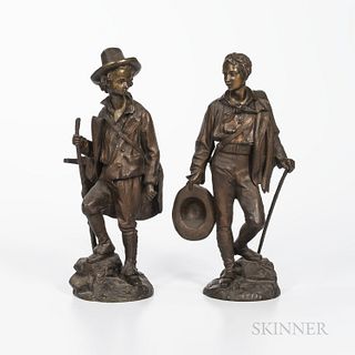 Two Bronze Figures of Hikers, France, 19th century, a figure wearing a hat and holding a long stick, inscribed "Emile Victor Blavier 18