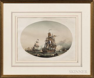 Five Framed Prints of Historic Naval Vessels and Battles:, Vaisseau Francaise 1806, Capture of the Cleopatra by the Nymphe, Battle Betw
