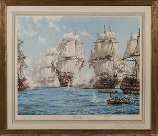 After Montague J. Dawson (British, 1890-1973), The Battle of Trafalgar, Signed in the matrix, signed "Montague Dawson" in pencil beneat