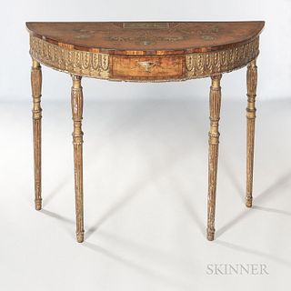 Edwardian Parcel-gilt Console Table, early 20th century, the demilune top painted with neoclassical portrait medallions and pendant flo