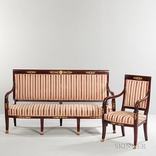 Neoclassical-style Mahogany Seating Suite, 20th century, five armchairs with gilt-metal ornamentation and cut-velvet upholstery, ht. 37
