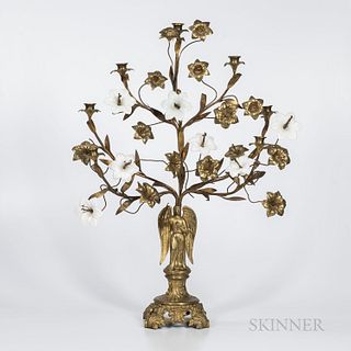 Bronze and Glass Seven-light Candelabra, 19th century, white glass and bronze flowers and leaves adorning seven candle arms all support