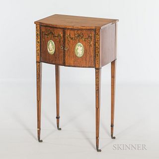 Edwardian Satinwood Side Table, 20th century, with painted floral sprays and classical medallions to the two doors, ht. 30 1/2, wd. 17,