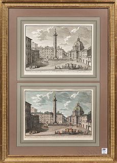 Giuseppe Vasi (Italian, 1710-1782), Two Engravings of Piazza di Colonna Trajana in a Common Frame, Titled and signed in the plates "...
