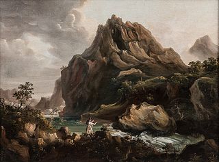 British School, 19th Century, Mountain Landscape with Lovers by a Rushing River, Unsigned., Condition: Lined, retouch primarily to fill