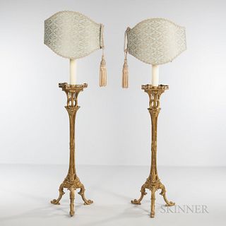 Pair of Giltwood Torchieres, converted to lamps with custom shades, torchiere ht. 49, total ht. 72 in.