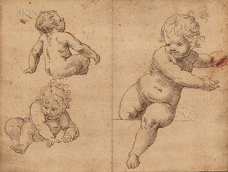 Venetian School, 16th/17th Century, Three Studies of Infants, Unsigned, inscribed "titien" on the front of the mount, attributed variou