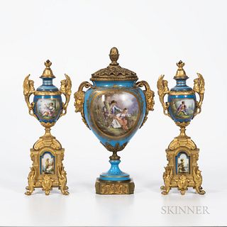 Three-pieces Sevres-style Gilt-bronze-mounted Garniture, France, late 19th/early 20th century, each gilded and polychrome enameled to a