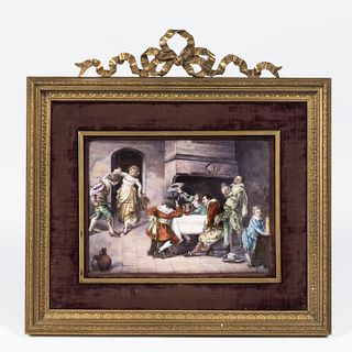 Limoges Enamel Plaque, France, 19th century, rectangular form with polychrome depiction of revelers in a tavern interior, sight size 5