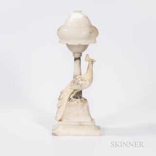 Carved Alabaster Table Lamp, 19th/20th century, carved as a parrot perched by a torchiere with shade, ht. 22 in.