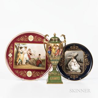 Three Austrian Porcelain Items, 19th/20th century, each polychrome enamel decorated and gilded, covered urn, ht. 15 3/4; and two trays,