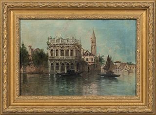 Italian School, 19th/20th Century, Venetian Palazzo on a Quiet Canal, Stamped or signed "...Mario" l.l., stamped "ROMA" on the stretche