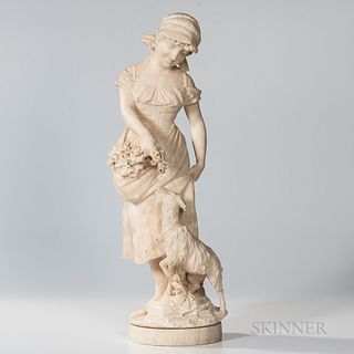 Carved Alabaster Figure of a Maiden, 19th/20th century, the standing figure with a goat by her side, titled Esmeralda, ht. 29 1/4 in.