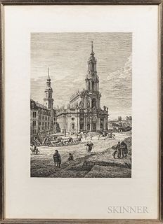 After Bernardo Bellotto (Italian, 1721-1780) Perspective de la Facade de la Roïale Eglise Catolique Signed "CANALETO.F" in the plate l.