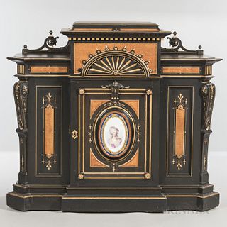 Victorian Ebonized Cabinet, late 19th/early 20th century, with Eastlake-style incised and gilded linear motifs and burlwood panels cent