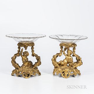 Pair of Gilt-bronze and Glass Compotes, 19th century, each base modeled with a putti below fruiting grapevines, ht. including dish 9 3/
