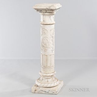 Alabaster Pedestal, gray-veined with a shallow stylized dolphin carving to center, ht. 44, top surface wd. 9 1/2 in.