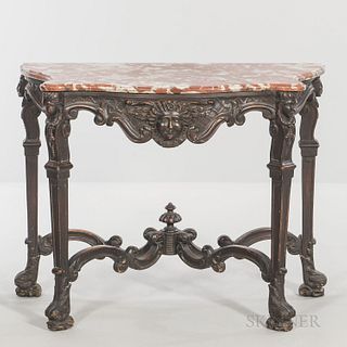 Marble-top Side Table, late 19th/early 20th century, on carved caryatid supports joined by a lower stretcher, ht. 27, wd. 35, dp. 17 1/