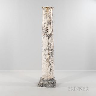 Marble Pedestal, gray and purple-veined on a squared gray base, ht. 61, top dia. 9 1/4 in.