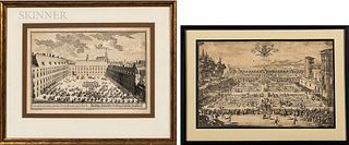 European School, 17th/18th Century Two Framed Engravings: Garden View of Nancy and Palace Square, Vienna Jacques Callot (French, 1592-1