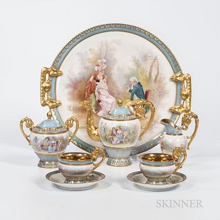 Sevres-style Hand-painted Tea Service with Tray, France, late 19th/early 20th century, each with gilt borders and polychrome enameled w
