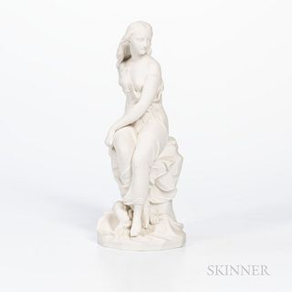 Minton Parian Figure of Miranda, England, mid-19th century, after a model by John Bell, modelled seated atop a rocky base with large sh