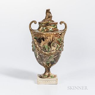 Wedgwood & Bentley Surface Agate Vase and Cover, England, c. 1770, gilded white terra-cotta scrolled handles and foliate festoons, set