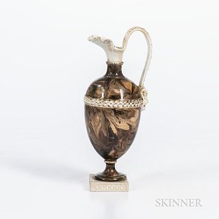 Wedgwood Agate Oenochoe Ewer, England, c. 1785, traces of gilding to a white terra-cotta foliate handle and spout with Bacchus mask ter