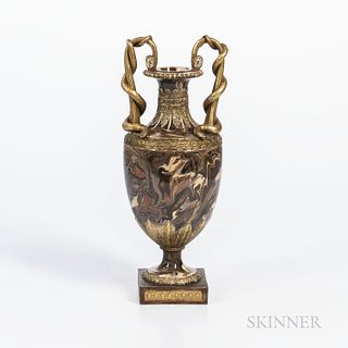 Wedgwood & Bentley Snake-handled Agate Vase, England, c. 1775, gilded handles and foliate decoration, set atop a square painted black b