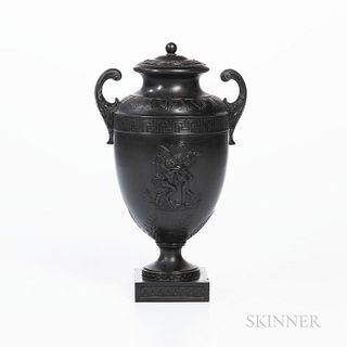 Wedgwood & Bentley Black Basalt Vase and Cover, England, c. 1775, scrolled foliate molded handles with palmette and meander borders abo