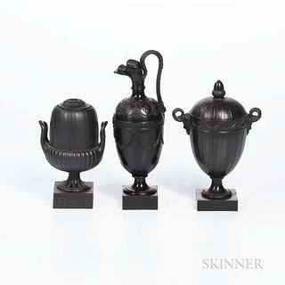 Three Wedgwood & Bentley Black Basalt Items, England, 18th century, an engine-turned and fluted cassolette and cover with upturned loop