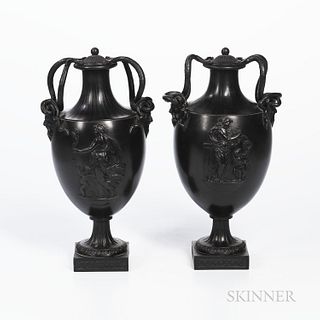 Pair of Wedgwood & Bentley Black Basalt Vases and Covers, England, c. 1780, each with masked handles with elaborate snakes and horns an