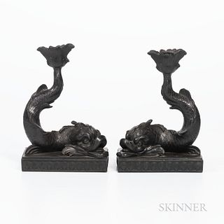 Pair of Wedgwood Black Basalt Dolphin Candlesticks, England, 19th century, mounted atop rectangular bases with shell borders, impressed