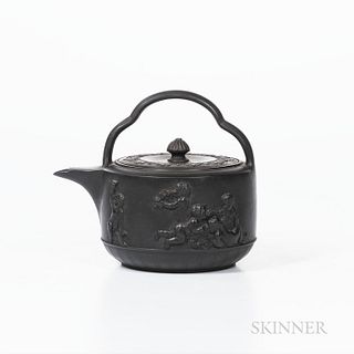 Wedgwood Black Basalt Teakettle and Cover, England, 19th century, with trefoil bail handle to a circular form with Bacchanalian Boys in