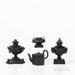 Four Wedgwood Black Basalt Items, England, 18th century, an inkpot sander, with two loop handles to the squat form decorated with drape