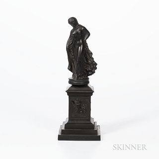 Black Basalt Figure on a Wedgwood Black Basalt Plinth, England, 19th century, standing maiden mounted atop a stepped square plinth with