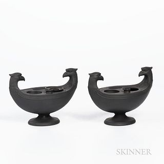 Pair of Wedgwood Black Basalt Oval Inkstands, England, 19th century, each with molded bird-head handles, one with an inkpot, impressed