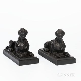 Two Marked Wedgwood Black Basalt Grecian Sphinxes, England, 19th century, possibly non-factory, non-period, the seated figures modeled